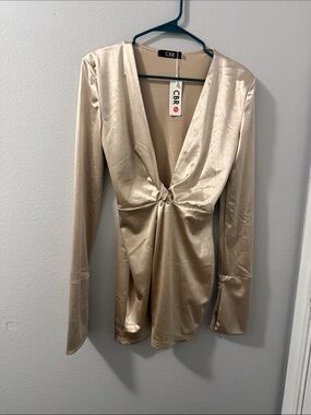 CBR Champagne Satin Plunge Long Sleeve Mini Dress